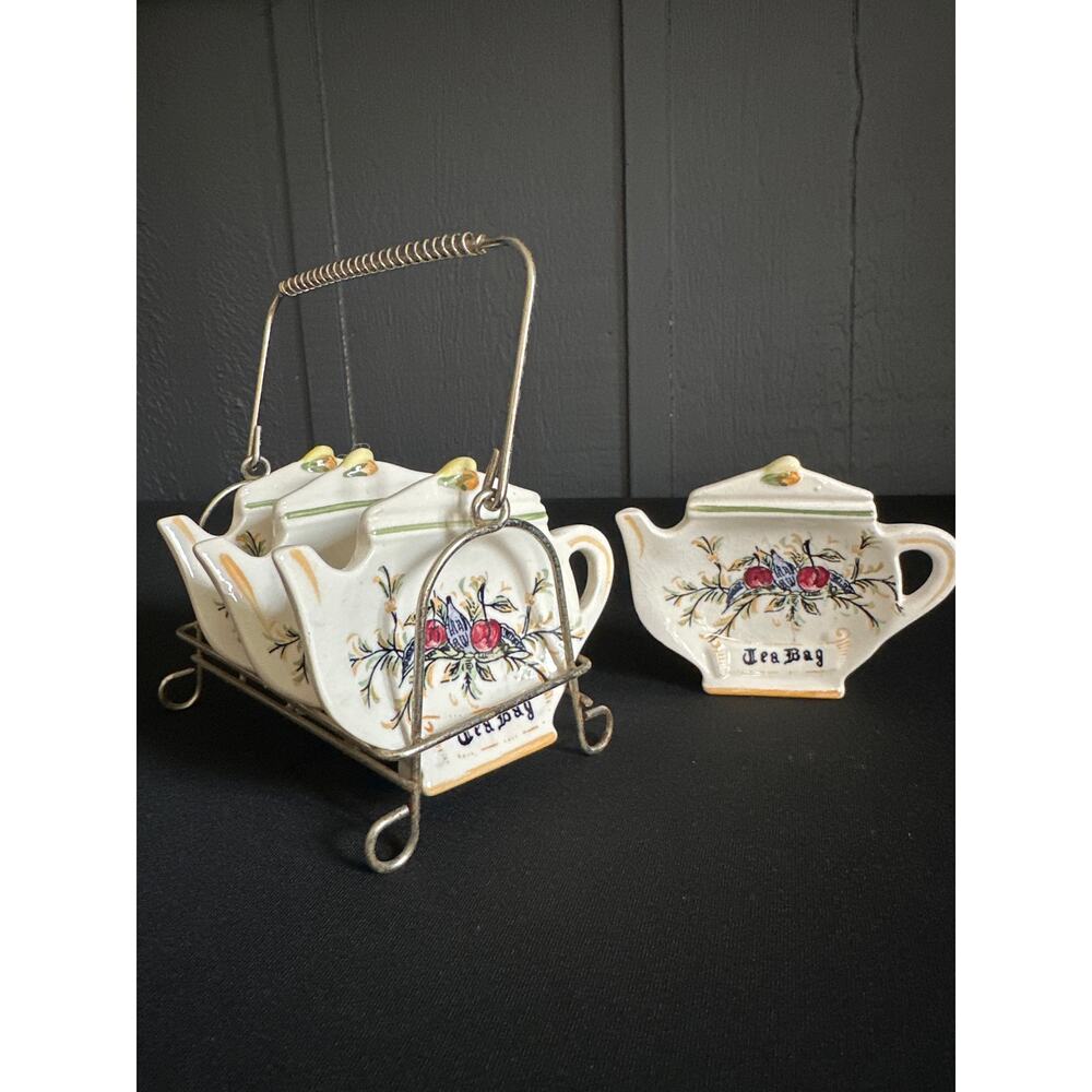 Vintage Mid Century Arnart Japan Floral Teabag Ceramic Dish Holder Rack Set of 4